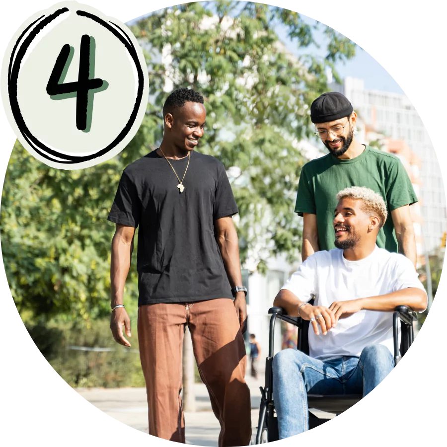 Disabled man in wheelchair with two friends